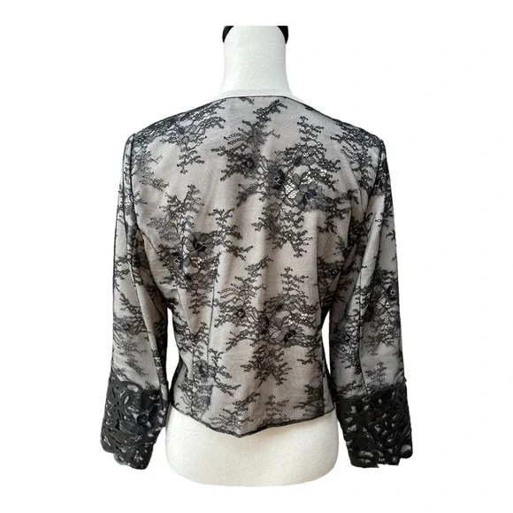 Chico's Black Label Crop Evening Jacket Floral Lace Faux Leather Cutout Sz Small - Picture 4 of 4